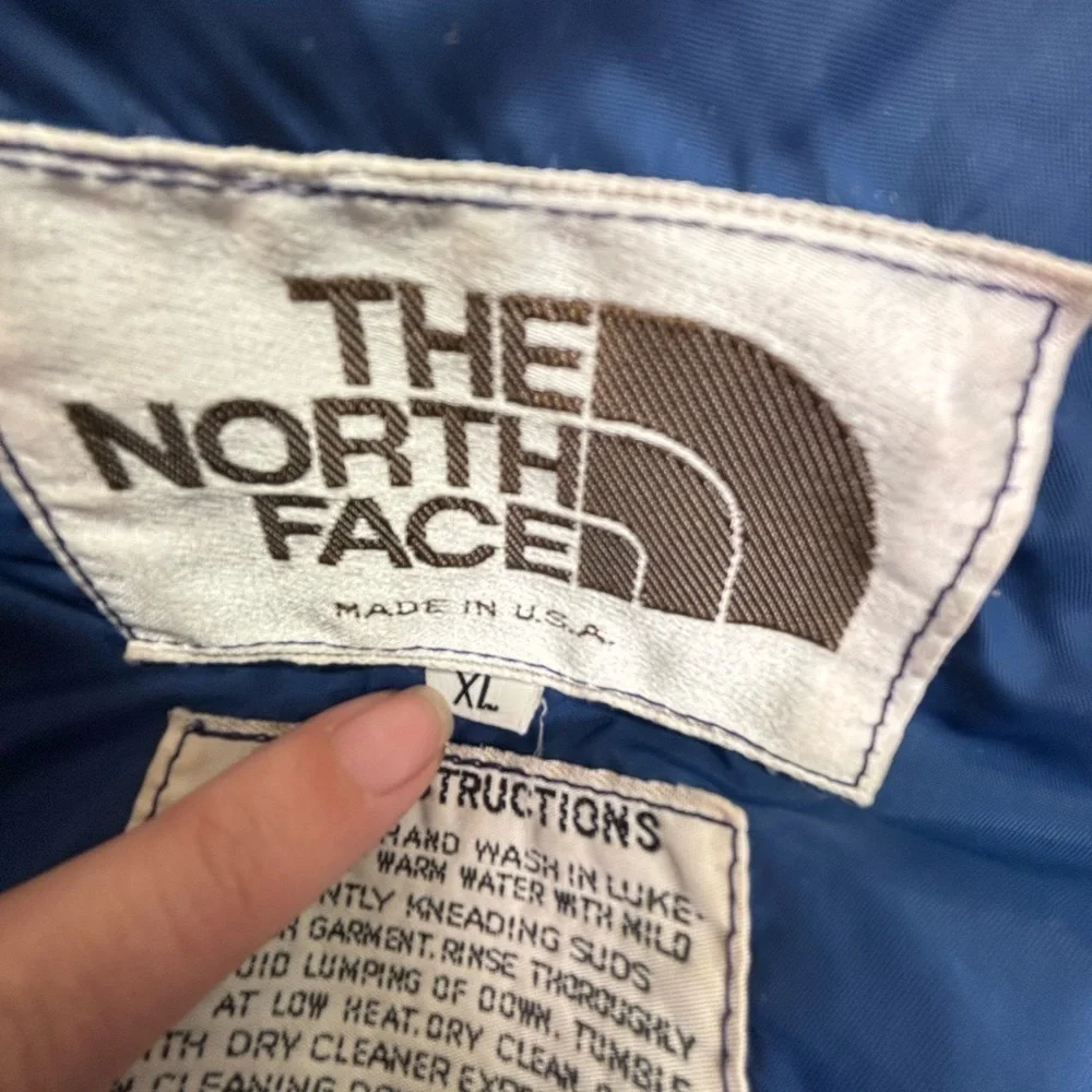 Vintage 70s 80s The North Face Down Parka Jacket XL Made in USA Tan Blue